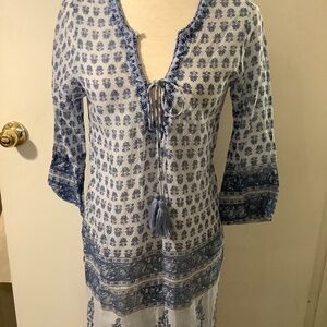 Debbie Katz Blue printed cotton  Caftan with beaded embellished neckline size S